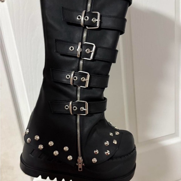Demonia Boots, Black Studded Buckle Boots. - Picture 2 of 9